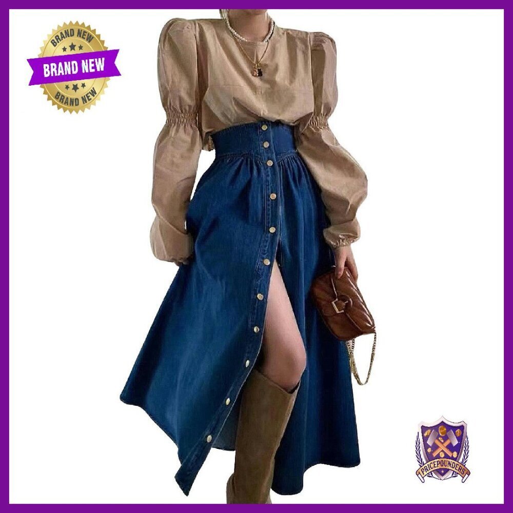 High Waist Denim Maxi Skirt Button Down A-Line with Pockets